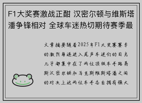 F1大奖赛激战正酣 汉密尔顿与维斯塔潘争锋相对 全球车迷热切期待赛季最终决战